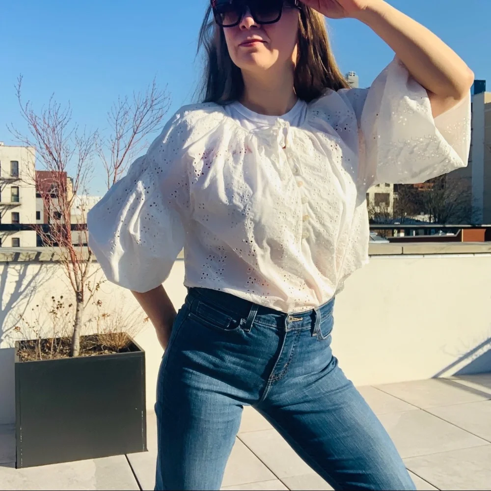 UO Victorian Puff Bishop Statement Sleeve Floral Pattern Pirate White Top Blouse - Picture 8 of 16